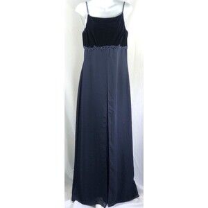 Vintage Halter Velvet Maxi Dress 10 Blue Layered Overlay Satin Formal Whimsigoth